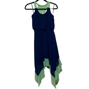 Asymmetrical navy and green flowy dress Size 6